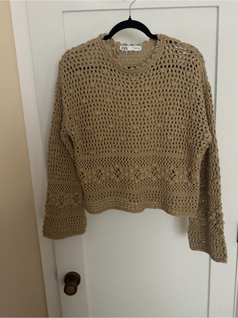 Zara Beige Crochet Open-Knit Crewneck Sweater